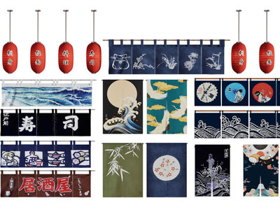 日式布艺门帘、灯笼招牌3d模型 日式布艺门帘、灯笼招牌