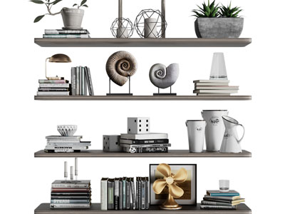 现代隔板上书籍、装饰品摆件组合