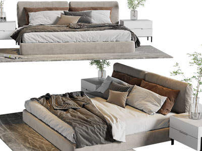 现代布艺双人床、床头柜