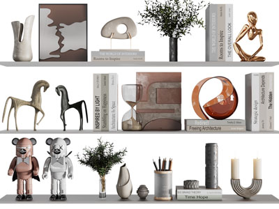 现代三层隔板书籍、装饰品摆件组合