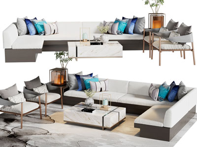 新中式转角多人沙发、茶几组合