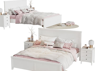 简欧白色实木双人床、床头柜