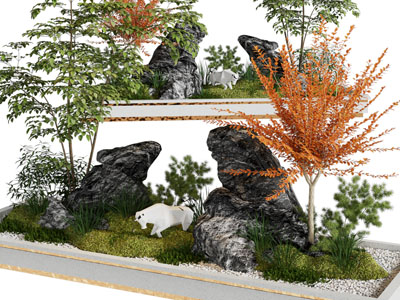 新中式假山、树木景观园艺小品