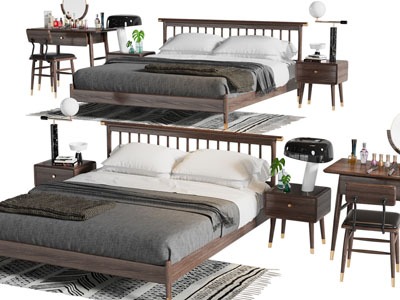 新中式实木双人床、床头柜