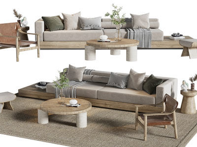 侘寂风多人沙发、休闲椅子和茶几组合