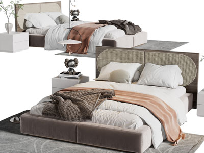 侘寂风双人床、床头柜