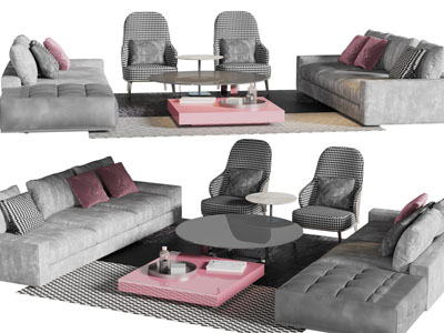 现代布艺多人、双人沙发、休闲椅子和茶几组合