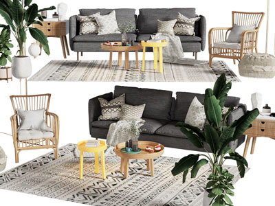 北欧布艺双人沙发、休闲椅子和茶几组合