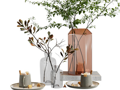 现代花瓶树枝、咖啡杯摆件组合