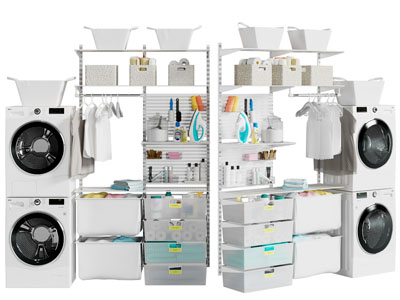 现代洗衣机、烘干机和储物架