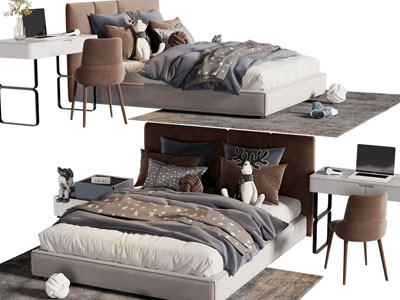 现代布艺双人床、书桌