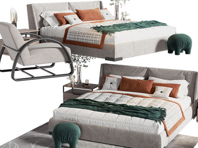 现代布艺双人床、休闲椅子