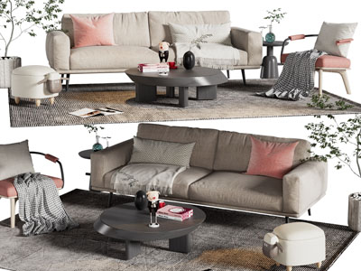 现代双人沙发、休闲椅子和茶几组合