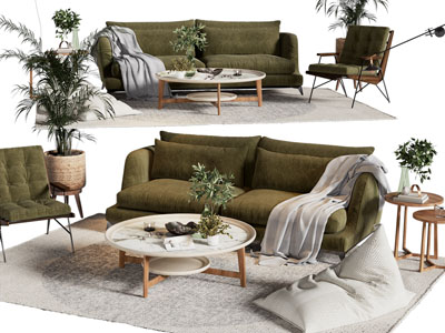 现代布艺双人沙发、懒人沙发和茶几组合