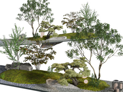 新中式松树、草坪景观园艺小品