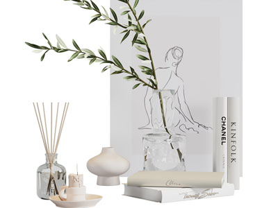 现代香薰、烛台和花瓶花卉摆件组合