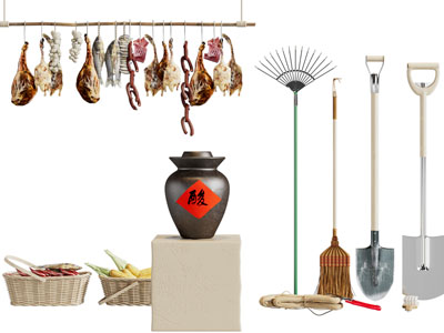 现代农家乐腊肉、农用工具摆件组合