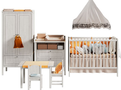 现代儿童桌椅组合、衣柜、婴儿床