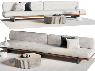 侘寂风多人沙发、木桩茶几组合