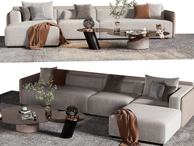 现代布艺转角多人沙发、茶几组合