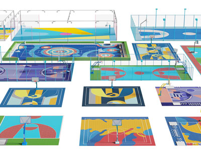 现代户外带金属网的篮球场