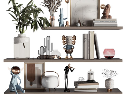 现代隔板上的书籍、雕塑摆件组合