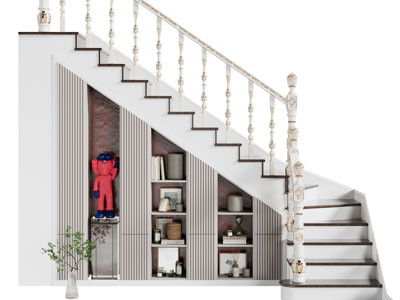 简欧带装饰柜的旋转楼梯3d模型 简欧带装饰柜的旋转楼梯