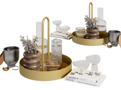 现代托盘里的花瓶、水杯摆件组合