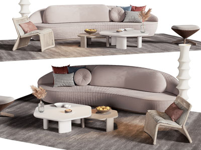 侘寂风多人沙发、休闲椅子和茶几组合
