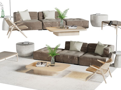 侘寂风布艺多人沙发、休闲椅子和茶几组合