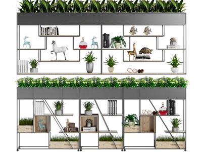 新中式带花盆盆栽植物的收纳装饰架