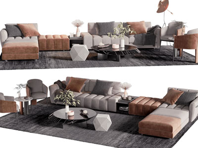 现代多人转角沙发、休闲椅子和茶几组合