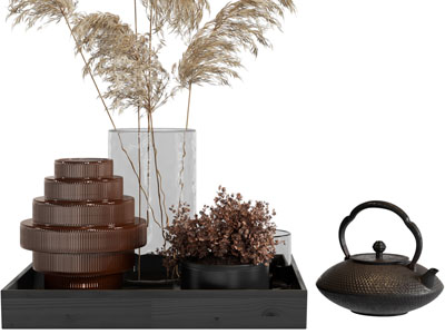 新中式托盘花瓶花卉、茶壶摆件组合