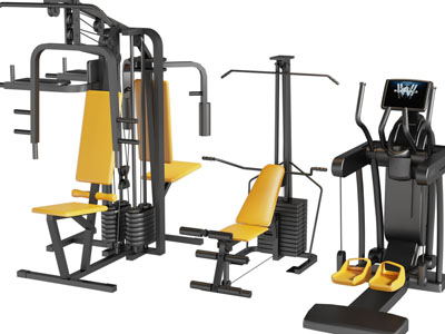 现代跑步机、举重机、健身器材