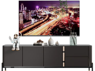 现代电视柜、电视机、摆件