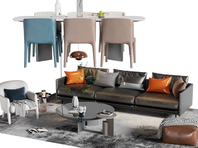 现代餐桌椅组合、多人沙发、茶几组合