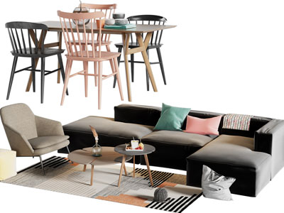 北欧实木餐桌椅组合、多人沙发和茶几