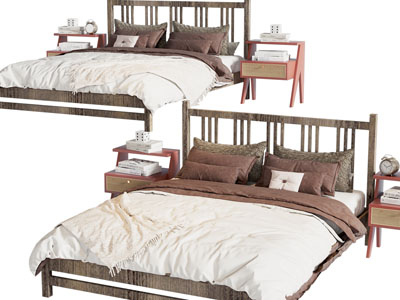 现代实木双人床、床头柜