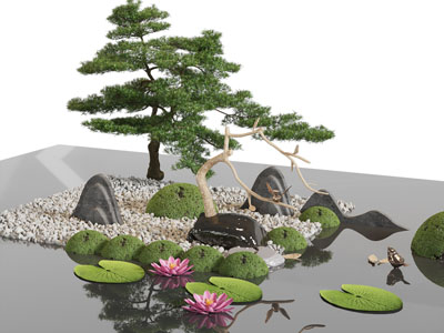 新中式松树石头、莲花景观园艺小品