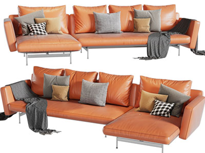 现代橙色皮革转角多人沙发