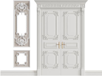 欧式雕花护墙板、双扇平开门
