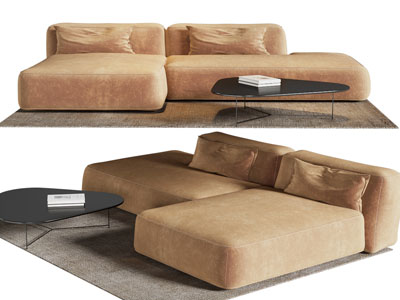 现代无扶手布艺多人沙发、茶几组合