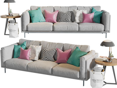 现代布艺多人沙发、边几