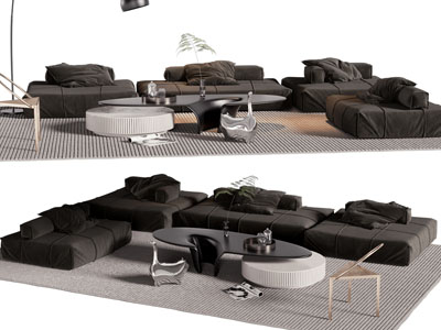 现代黑色布艺多人沙发、休闲椅子和茶几组合
