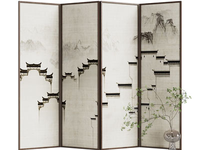 新中式建筑图案的屏风