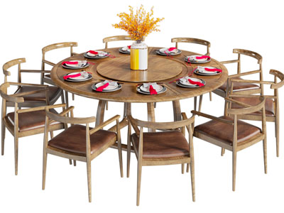 新中式实木圆形餐桌椅组合