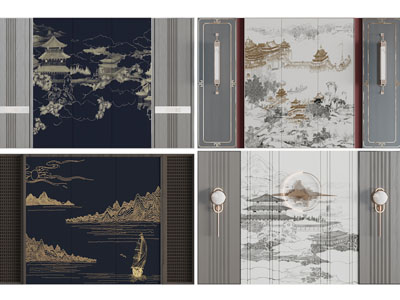 新中式背景墙3d模型 新中式背景墙