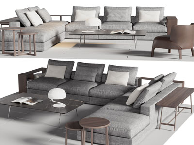 现代布艺转角多人沙发、边几茶几组合