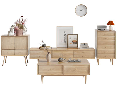 新中式实木电视柜、边柜、茶几组合