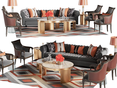 欧式多人沙发、休闲椅子和茶几组合